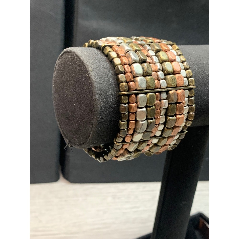 Mixed Metal Tones Beaded Stretch Cuff Bracelet Silver Copper Brass Wide Boho5634